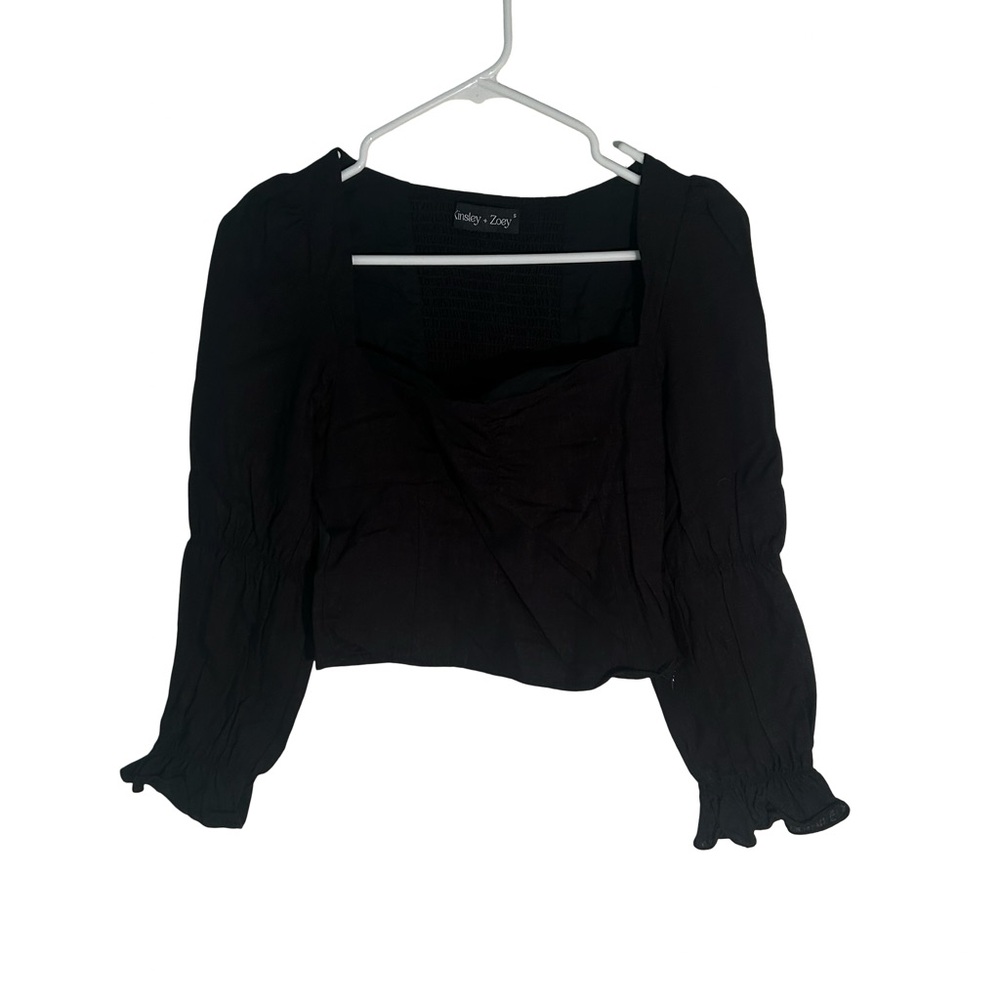 Black Square-Neck Long Sleeve Blouse